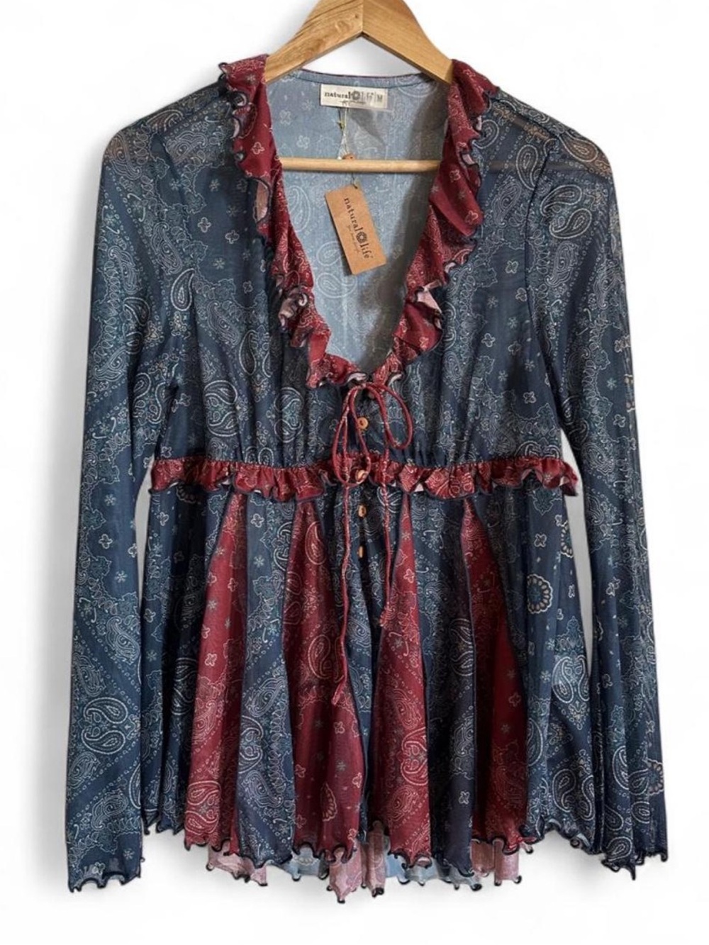 Natural Life Sierra Bandana Paisley Mesh Ruffle Boho Babydoll Button Up Top NWT - Picture 2 of 8